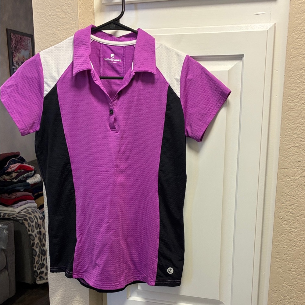 Bette & Court magenta, black and white dry fit tennis polo